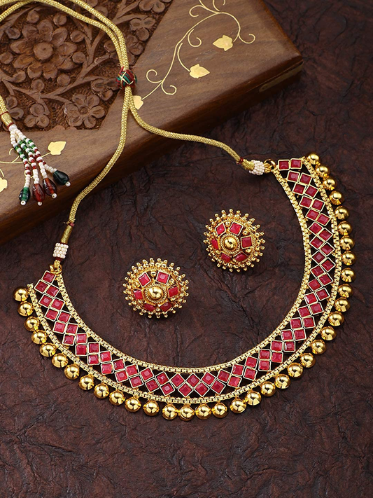Latest Golden and Red Jewellery Set With Earrings Beautiful Necklace Set