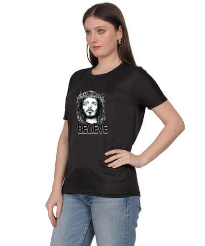 Religious Graphic T-Shirt, Red Cotton Blend, Short Sleeve, Believe Design